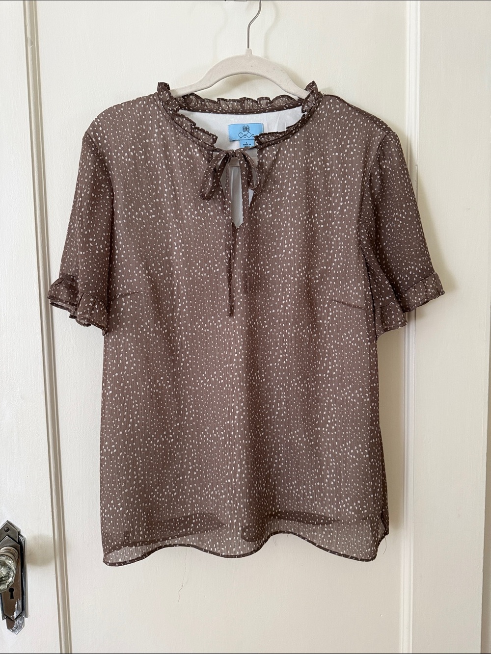 CeCe Brown Dot Ruffle Tie-Neck Blouse L